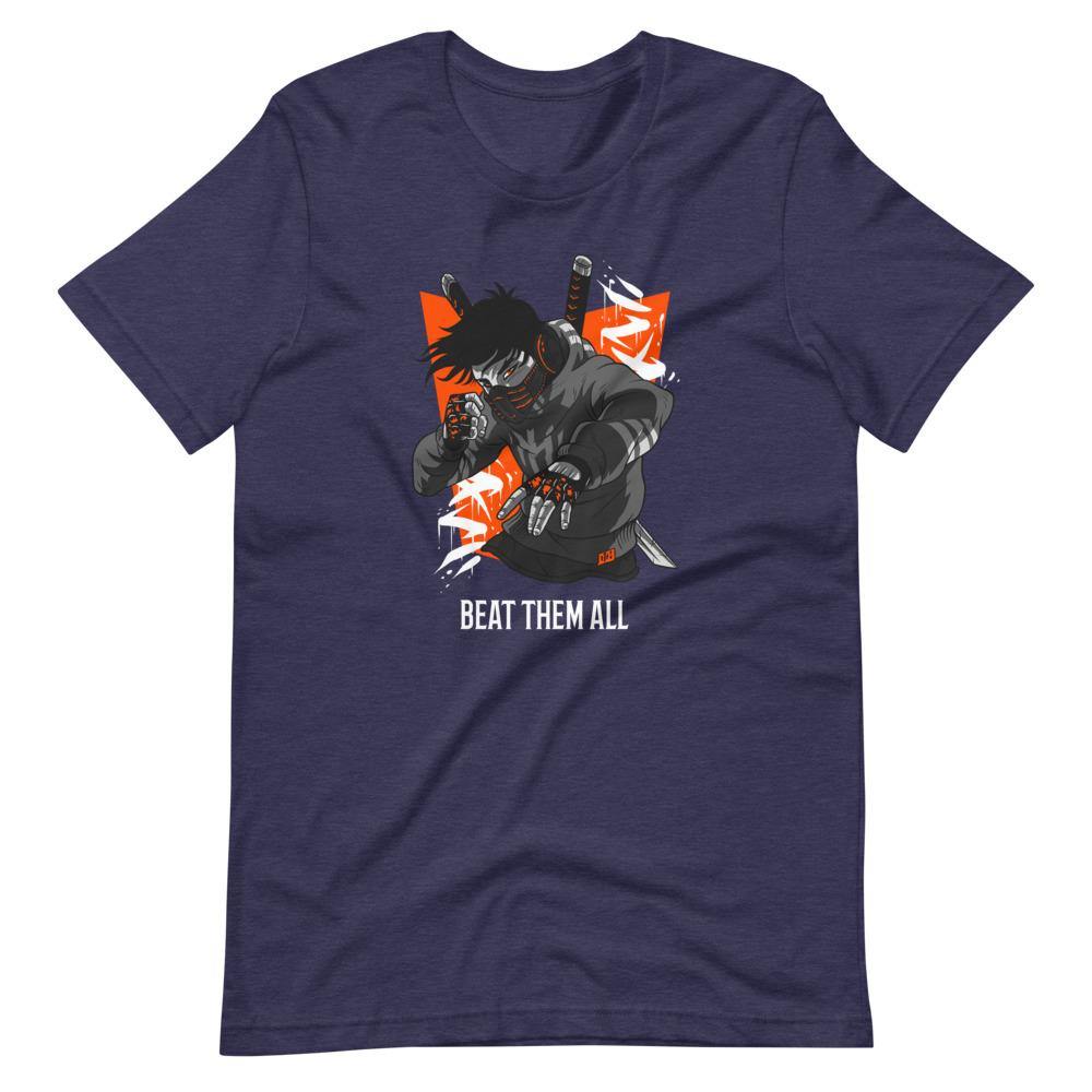 Gaming Shirt - Beat Them All - Cyberpunk Style Character - Orange - Heather Midnight Navy - Dubsnatch