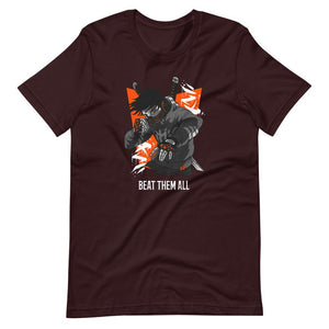 Gaming Shirt - Beat Them All - Cyberpunk Style Character - Orange - Oxblood Black - Dubsnatch