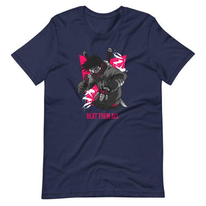 Gaming Shirt - Beat Them All - Cyberpunk Style Character - Pink - Alternative - Navy - Dubsnatch