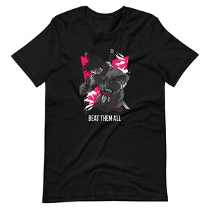 Gaming Shirt - Beat Them All - Cyberpunk Style Character - Pink - Black Heather - Dubsnatch