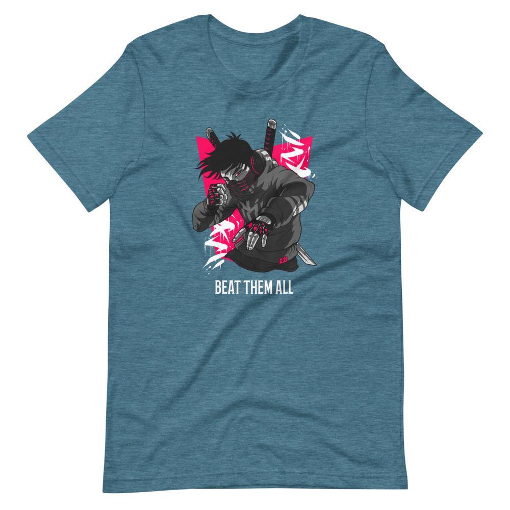 Gaming Shirt - Beat Them All - Cyberpunk Style Character - Pink - Heather Deep Teal - Dubsnatch