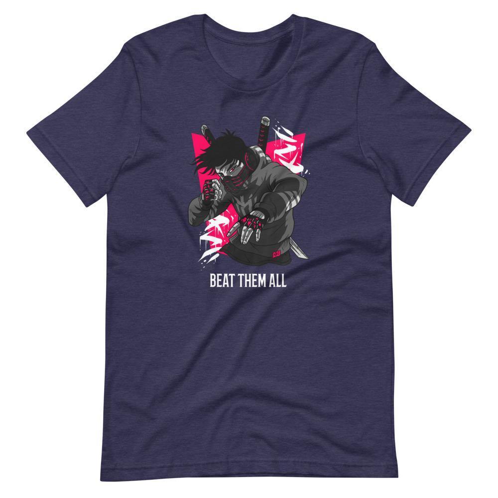 Gaming Shirt - Beat Them All - Cyberpunk Style Character - Pink - Heather Midnight Navy - Dubsnatch