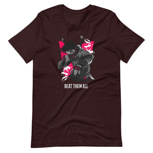 Gaming Shirt - Beat Them All - Cyberpunk Style Character - Pink - Oxblood Black - Dubsnatch