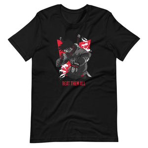 Gaming Shirt - Beat Them All - Cyberpunk Style Character - Red - Alternative - Black - Dubsnatch