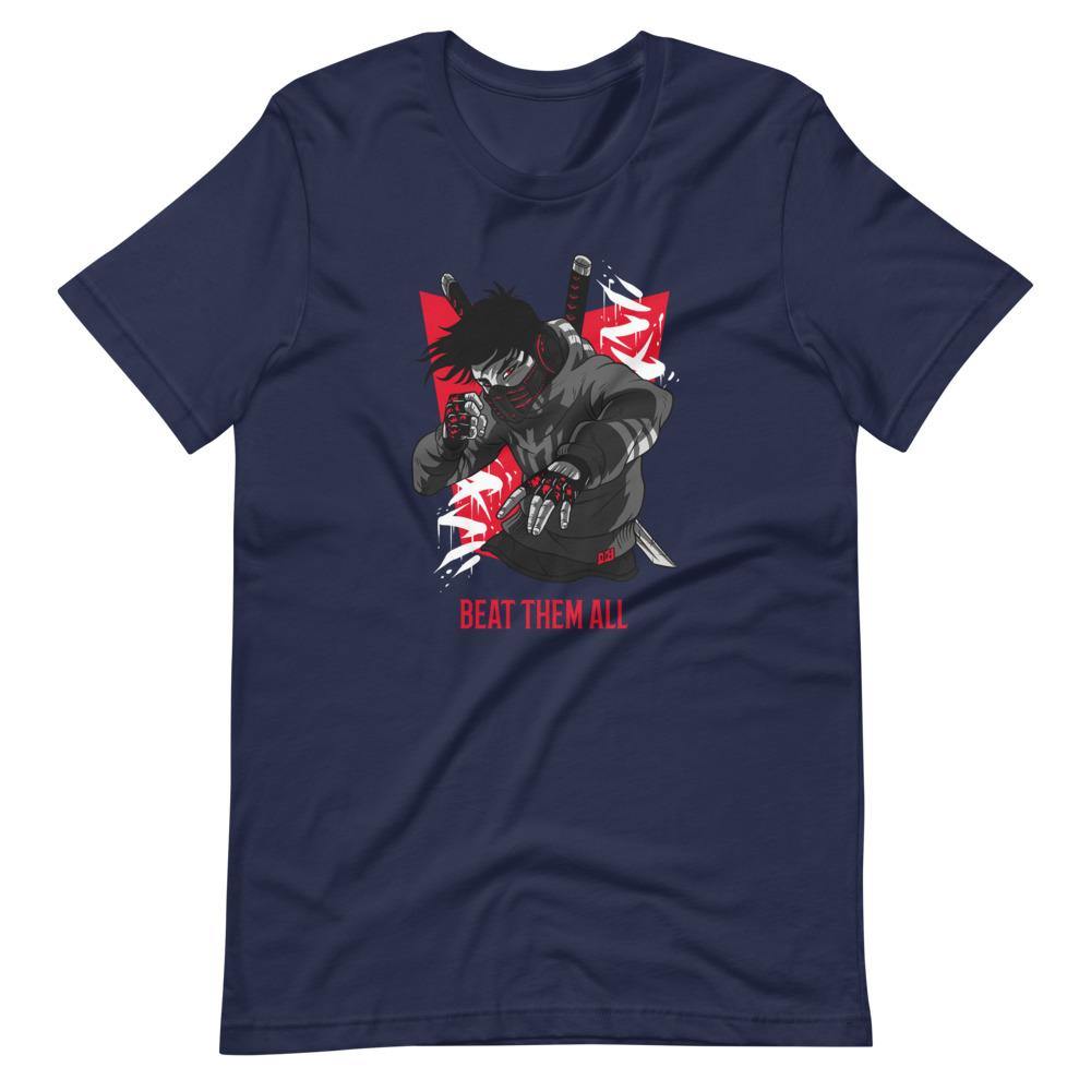 Gaming Shirt - Beat Them All - Cyberpunk Style Character - Red - Alternative - Navy - Dubsnatch
