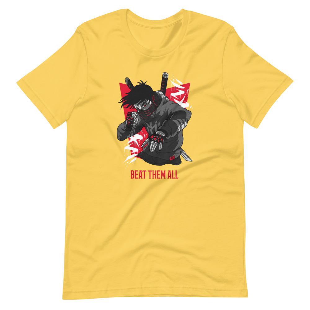 Gaming Shirt - Beat Them All - Cyberpunk Style Character - Red - Alternative - Yellow - Dubsnatch
