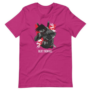 Gaming Shirt - Beat Them All - Cyberpunk Style Character - Red - Berry - Dubsnatch