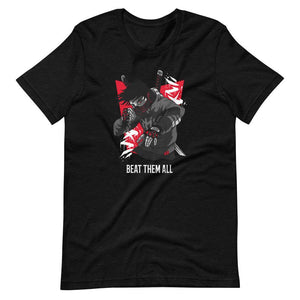 Gaming Shirt - Beat Them All - Cyberpunk Style Character - Red - Black Heather - Dubsnatch