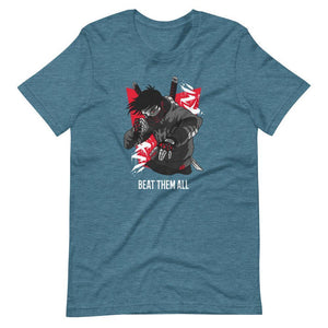 Gaming Shirt - Beat Them All - Cyberpunk Style Character - Red - Heather Deep Teal - Dubsnatch