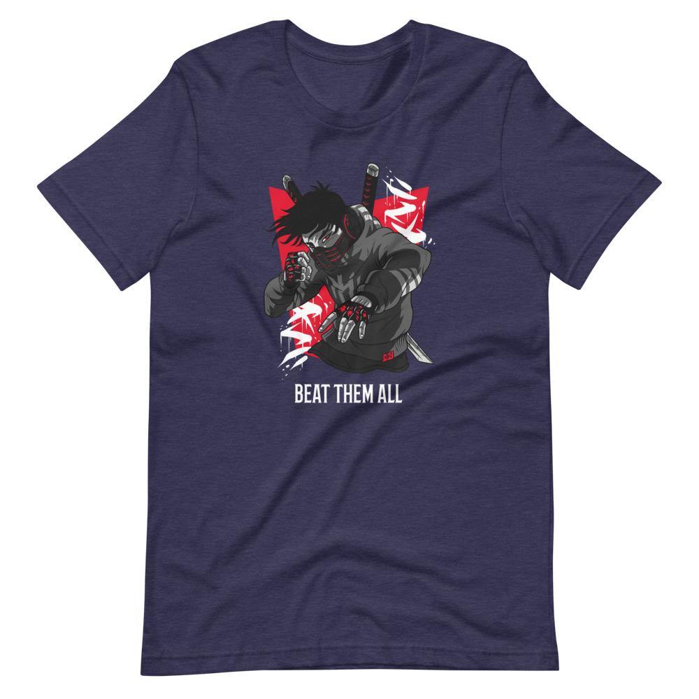Gaming Shirt - Beat Them All - Cyberpunk Style Character - Red - Heather Midnight Navy - Dubsnatch
