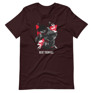 Gaming Shirt - Beat Them All - Cyberpunk Style Character - Red - Oxblood Black - Dubsnatch