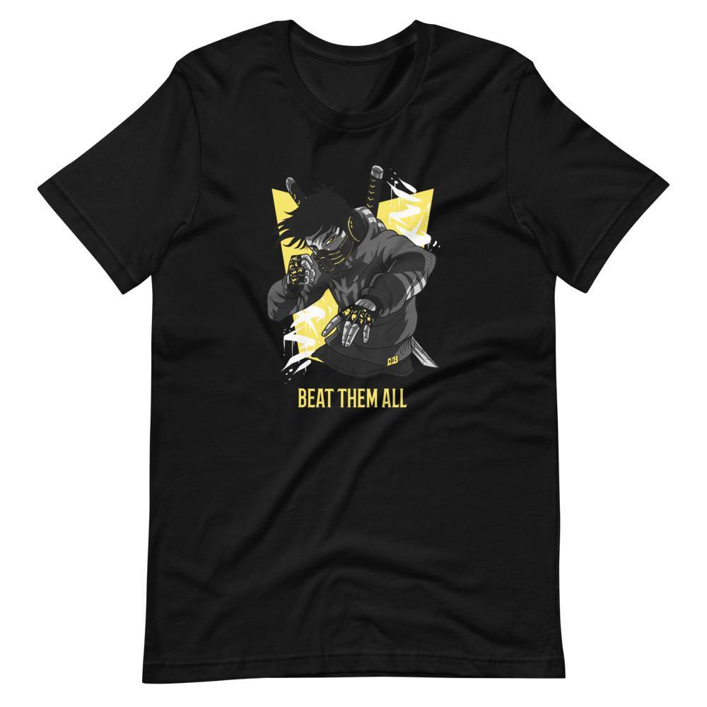 Gaming Shirt - Beat Them All - Cyberpunk Style Character - Yellow - Alternative - Black - Dubsnatch