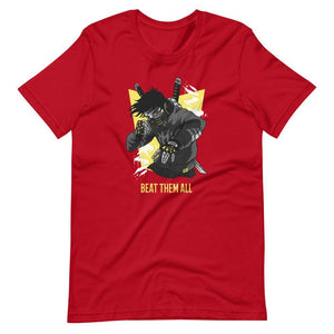 Gaming Shirt - Beat Them All - Cyberpunk Style Character - Yellow - Alternative - Red - Dubsnatch