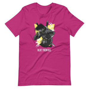 Gaming Shirt - Beat Them All - Cyberpunk Style Character - Yellow - Berry - Dubsnatch