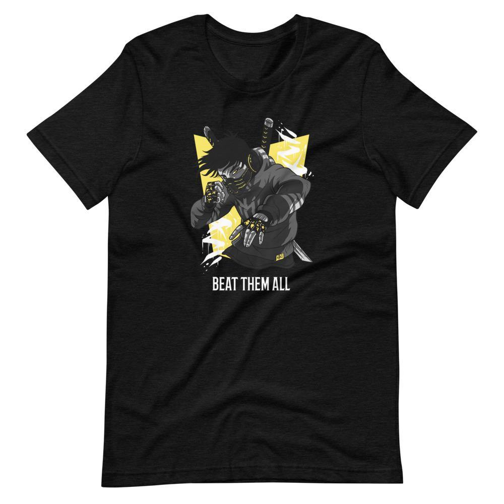 Gaming Shirt - Beat Them All - Cyberpunk Style Character - Yellow - Black Heather - Dubsnatch