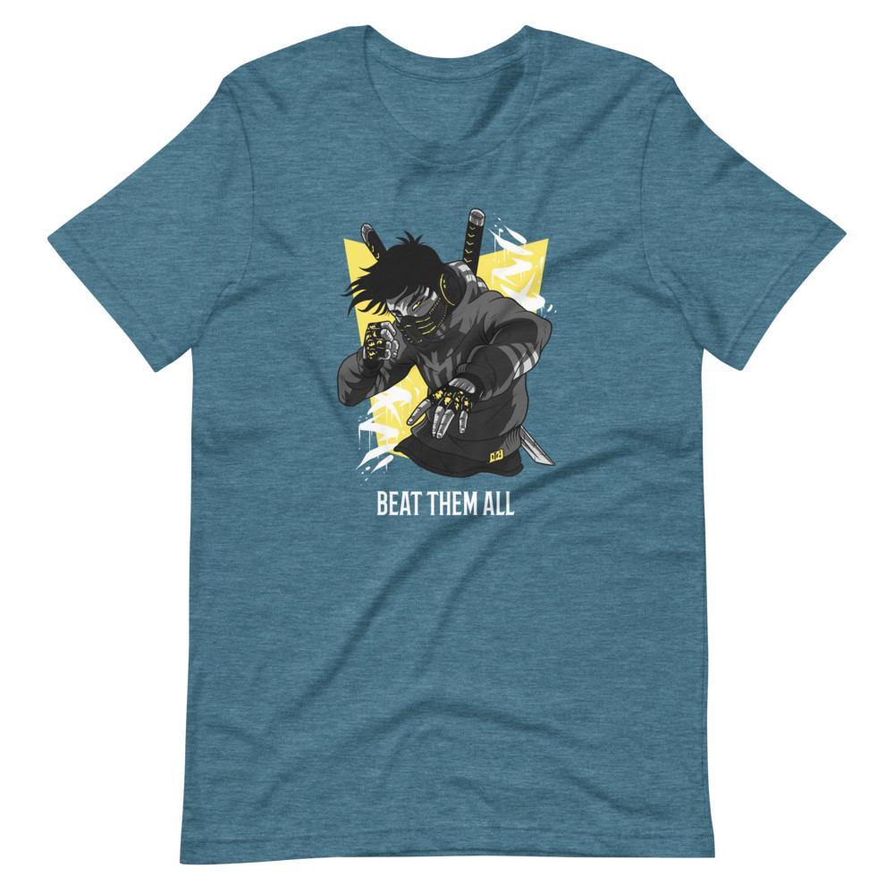 Gaming Shirt - Beat Them All - Cyberpunk Style Character - Yellow - Heather Deep Teal - Dubsnatch