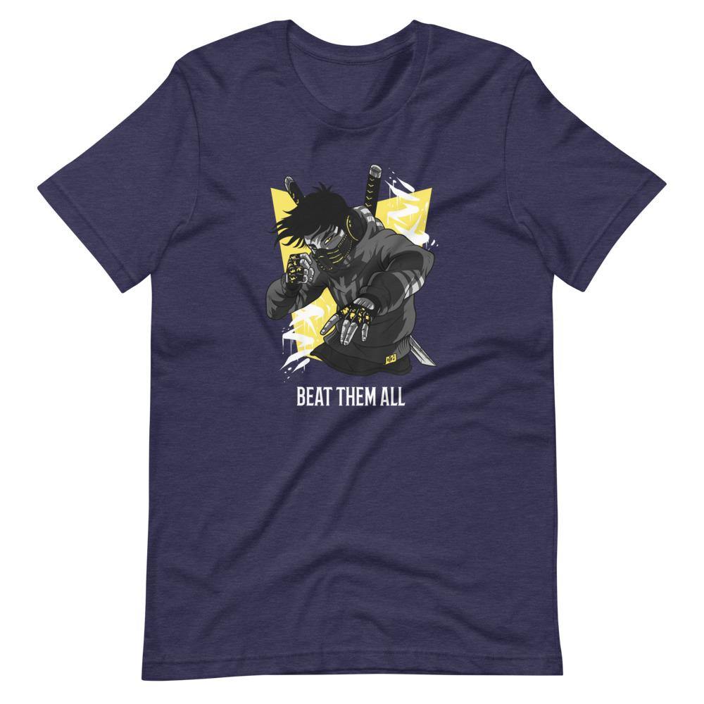 Gaming Shirt - Beat Them All - Cyberpunk Style Character - Yellow - Heather Midnight Navy - Dubsnatch