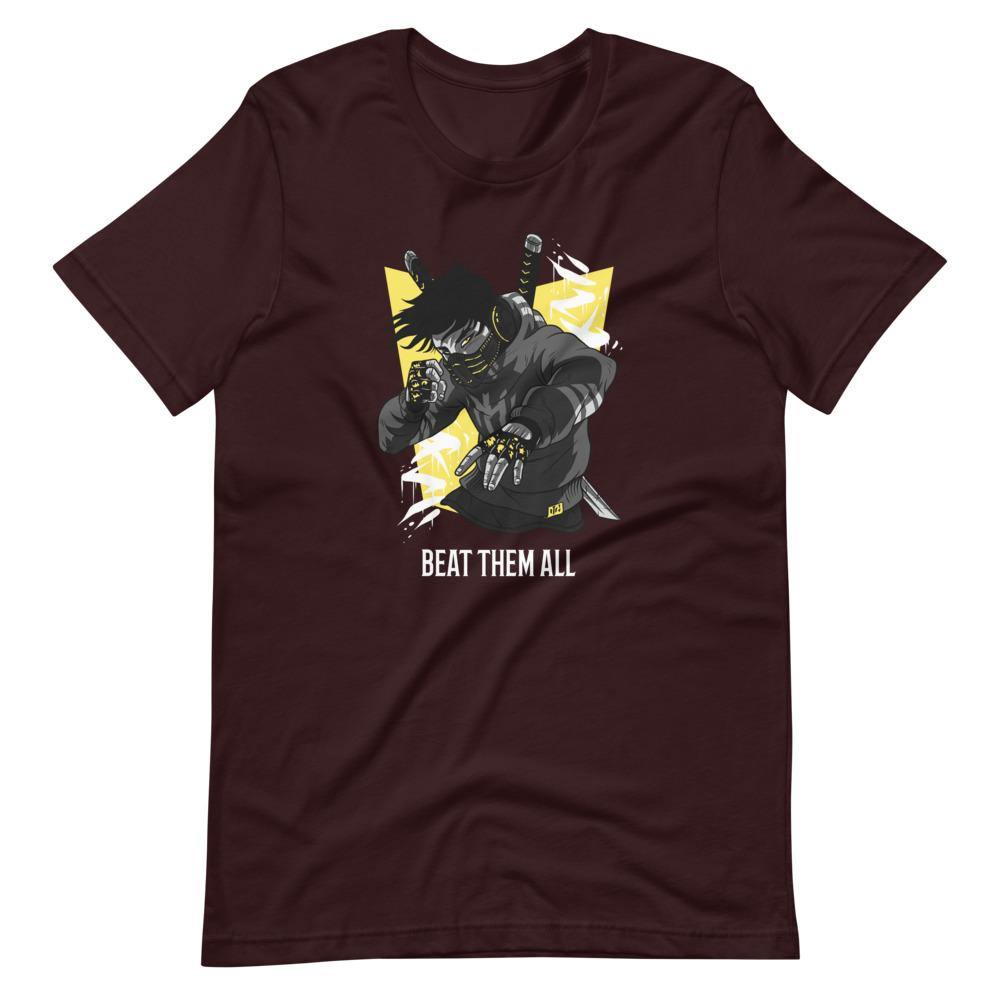 Gaming Shirt - Beat Them All - Cyberpunk Style Character - Yellow - Oxblood Black - Dubsnatch