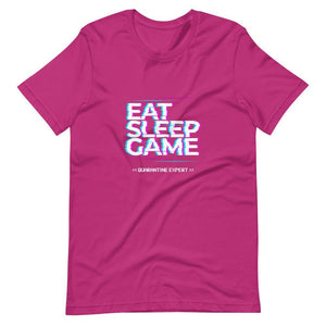 Gaming Shirt - Eat Sleep Game Quarantine Expert - Cyberpunk Glitch Style - Berry - Dubsnatch