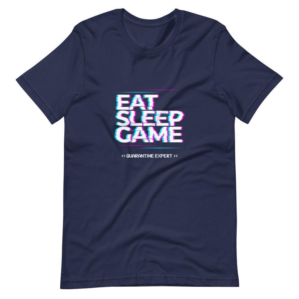 Gaming Shirt - Eat Sleep Game Quarantine Expert - Cyberpunk Glitch Style - Navy - Dubsnatch