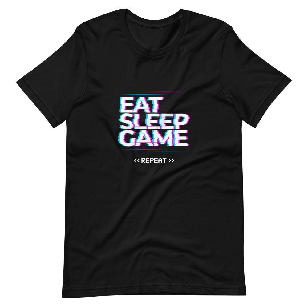 Gaming Shirt - Eat Sleep Game Repeat - Cyberpunk Glitch Style - Black - Dubsnatch