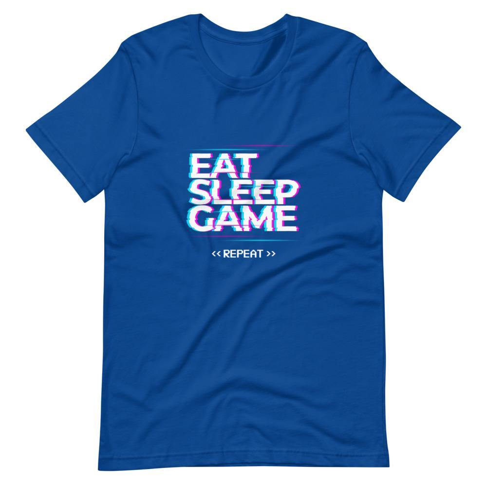 Gaming Shirt - Eat Sleep Game Repeat - Cyberpunk Glitch Style - True Royal - Dubsnatch