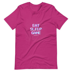 Gaming Shirt - Eat Sleep Game Repeat - Futuristic Cyberpunk Glitch Style - Berry - Dubsnatch