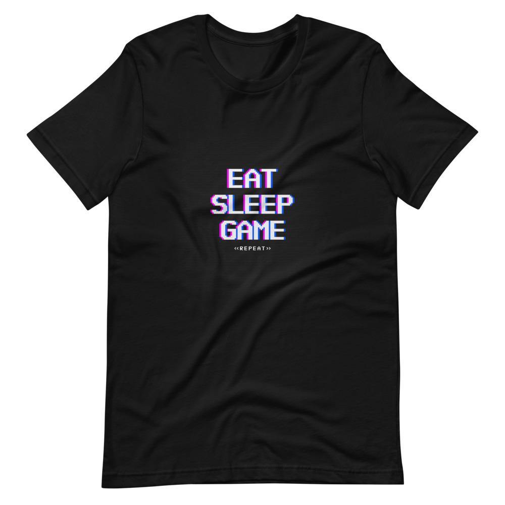 Gaming Shirt - Eat Sleep Game Repeat - Futuristic Cyberpunk Glitch Style - Black - Dubsnatch