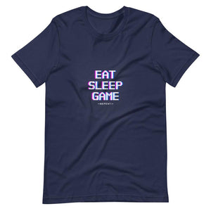 Gaming Shirt - Eat Sleep Game Repeat - Futuristic Cyberpunk Glitch Style - Navy - Dubsnatch