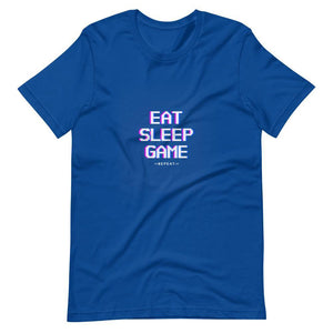 Gaming Shirt - Eat Sleep Game Repeat - Futuristic Cyberpunk Glitch Style - True Royal - Dubsnatch