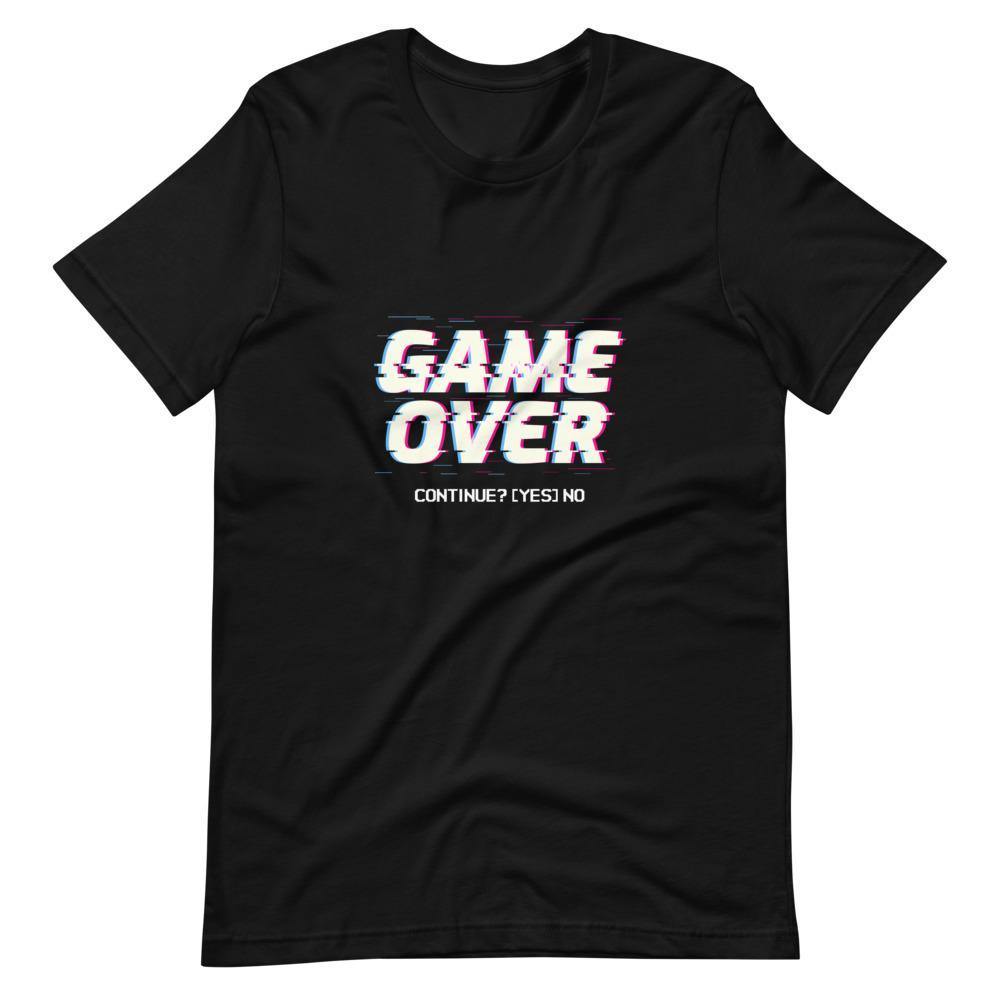 Gaming Shirt - Game Over Continue? Yes No - Cyberpunk Glitch Style - Black - Dubsnatch