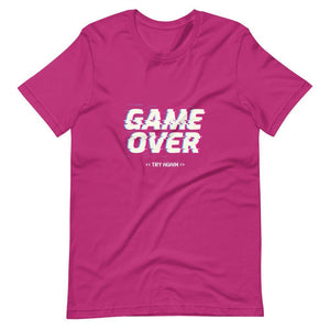 Gaming Shirt - Game Over Try Again - Futuristic Cyberpunk Glitch Style - Berry - Dubsnatch