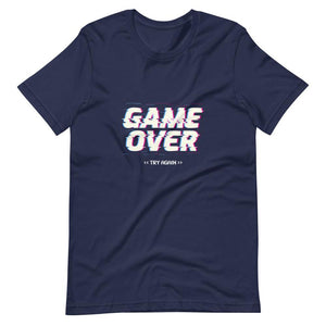 Gaming Shirt - Game Over Try Again - Futuristic Cyberpunk Glitch Style - Navy - Dubsnatch