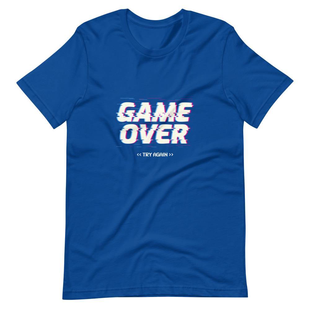 Gaming Shirt - Game Over Try Again - Futuristic Cyberpunk Glitch Style - True Royal - Dubsnatch