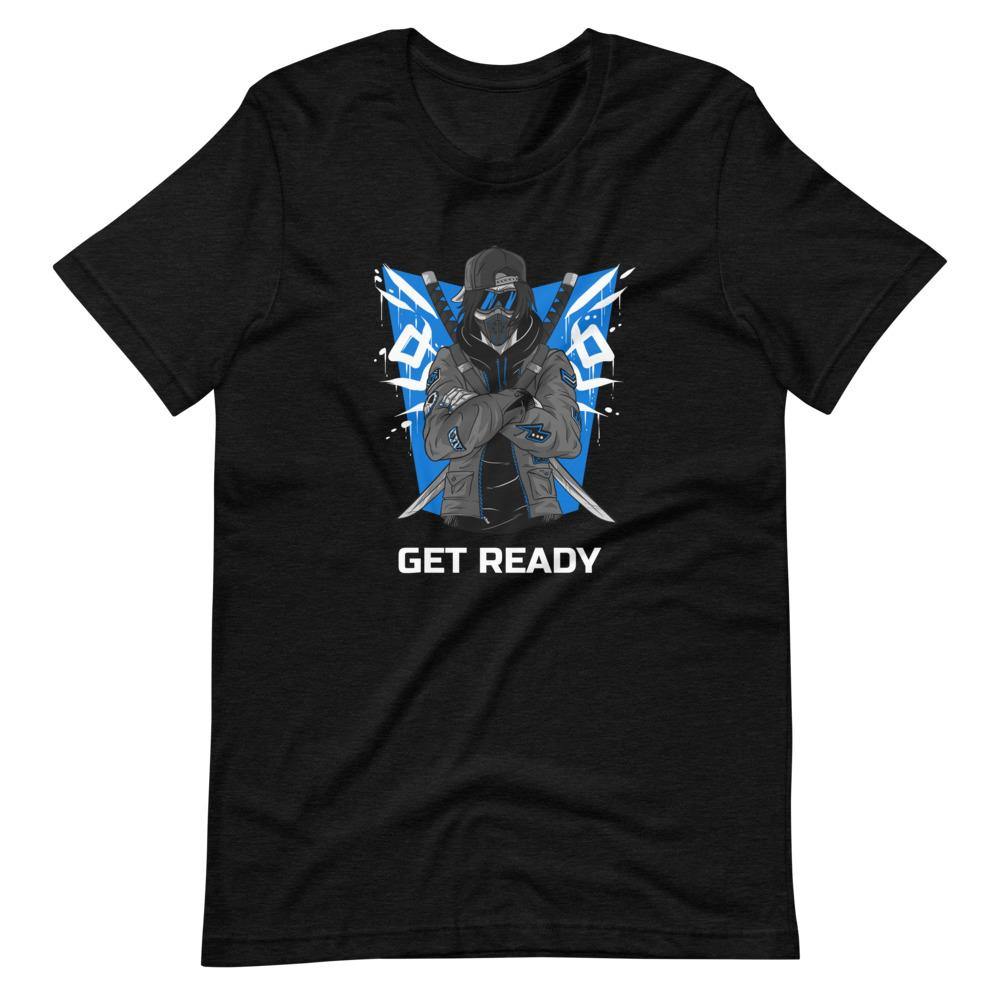 Gaming Shirt - Get Ready - Cyberpunk Style Ninja With Katanas - Blue - Black Heather - Dubsnatch