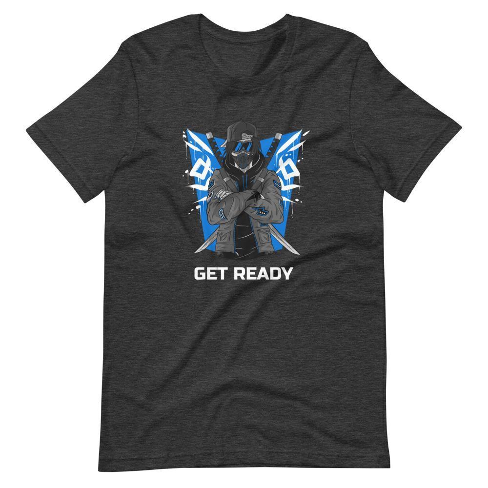 Gaming Shirt - Get Ready - Cyberpunk Style Ninja With Katanas - Blue - Dark Grey Heather - Dubsnatch