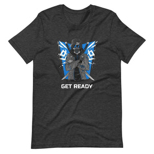 Gaming Shirt - Get Ready - Cyberpunk Style Ninja With Katanas - Blue - Dark Grey Heather - Dubsnatch