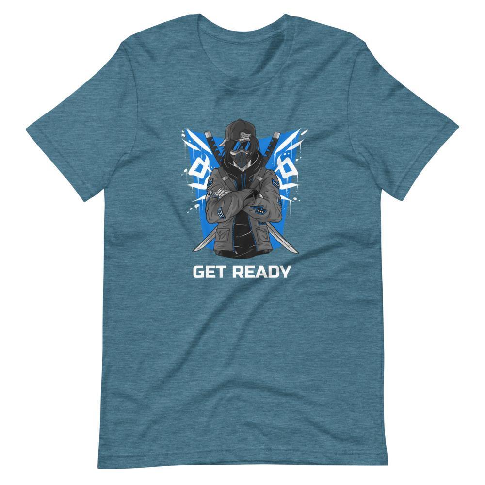 Gaming Shirt - Get Ready - Cyberpunk Style Ninja With Katanas - Blue - Heather Deep Teal - Dubsnatch