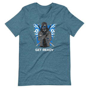 Gaming Shirt - Get Ready - Cyberpunk Style Ninja With Katanas - Blue - Heather Deep Teal - Dubsnatch