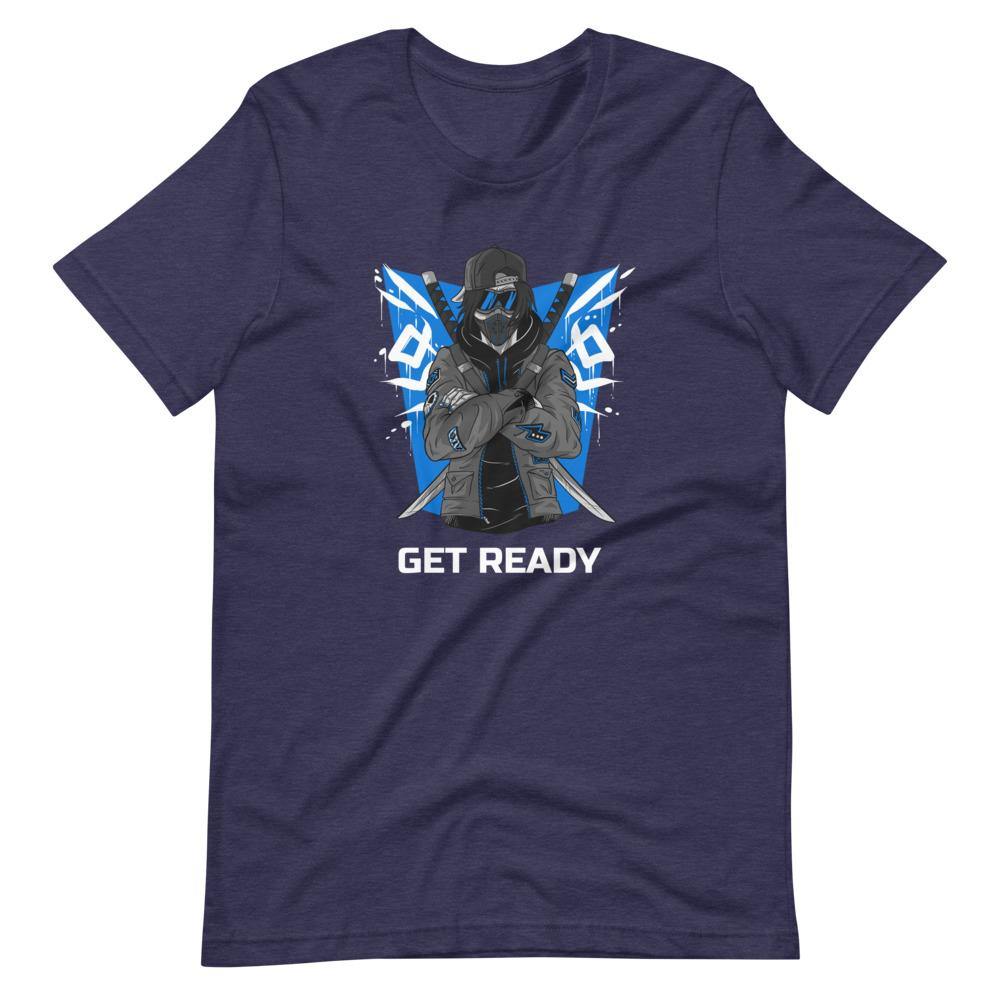 Gaming Shirt - Get Ready - Cyberpunk Style Ninja With Katanas - Blue - Heather Midnight Navy - Dubsnatch