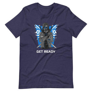 Gaming Shirt - Get Ready - Cyberpunk Style Ninja With Katanas - Blue - Heather Midnight Navy - Dubsnatch