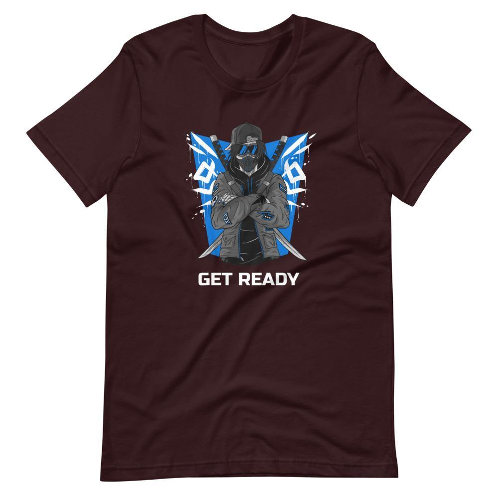 Gaming Shirt - Get Ready - Cyberpunk Style Ninja With Katanas - Blue - Oxblood Black - Dubsnatch