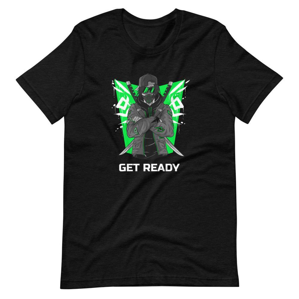 Gaming Shirt - Get Ready - Cyberpunk Style Ninja With Katanas - Green - Black Heather - Dubsnatch