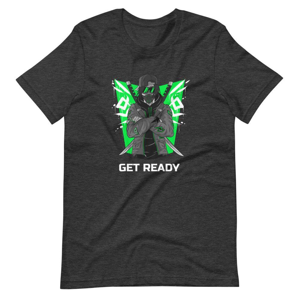 Gaming Shirt - Get Ready - Cyberpunk Style Ninja With Katanas - Green - Dark Grey Heather - Dubsnatch
