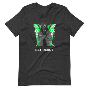 Gaming Shirt - Get Ready - Cyberpunk Style Ninja With Katanas - Green - Dark Grey Heather - Dubsnatch