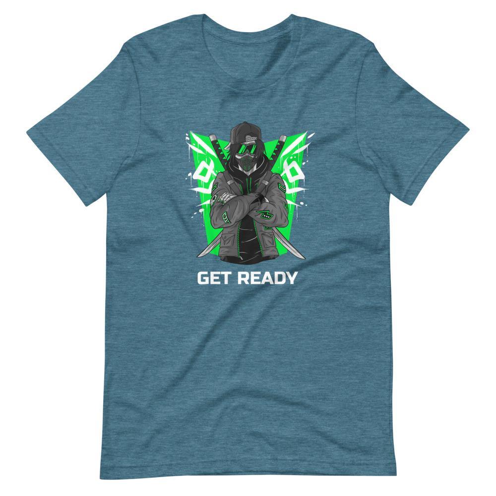 Gaming Shirt - Get Ready - Cyberpunk Style Ninja With Katanas - Green - Heather Deep Teal - Dubsnatch