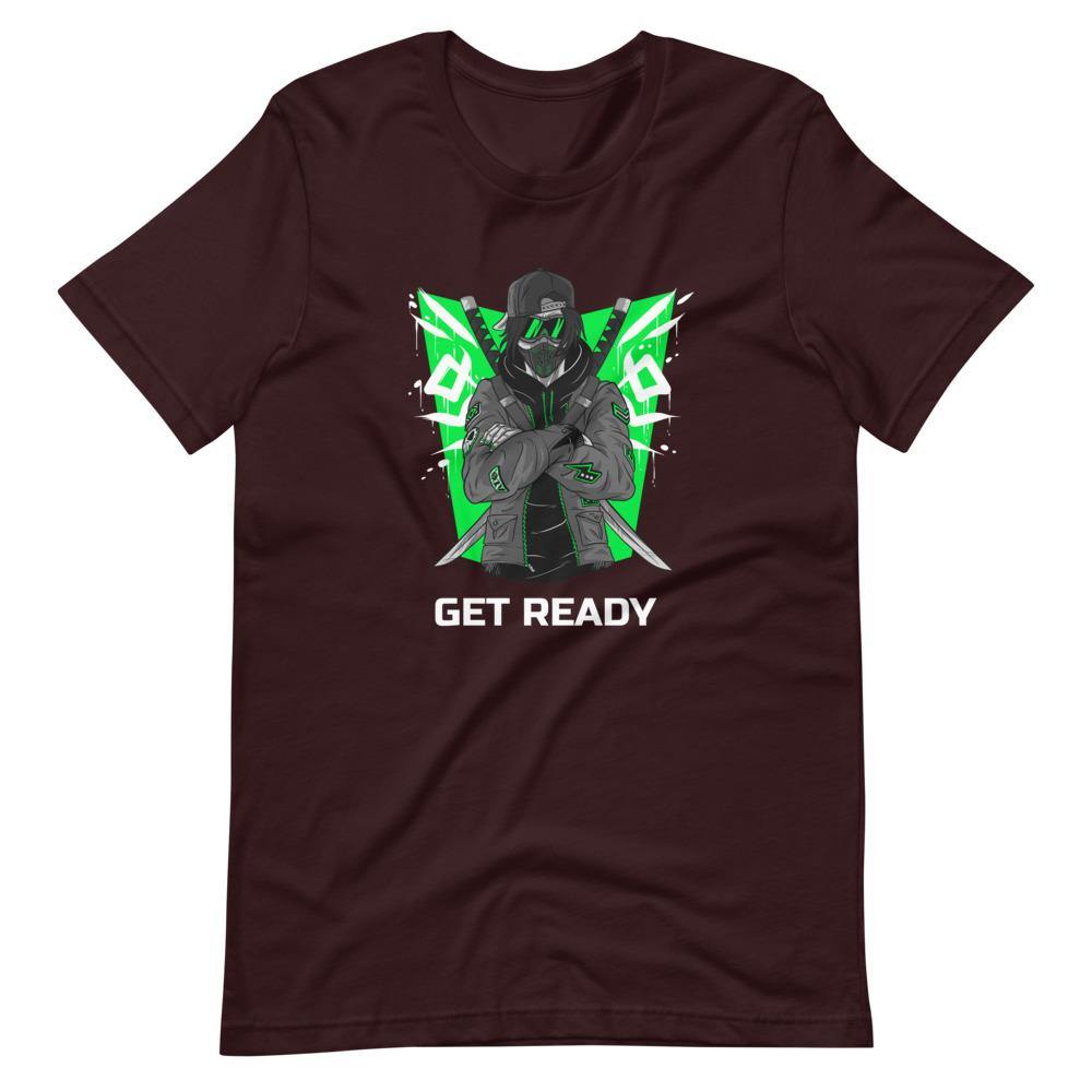 Gaming Shirt - Get Ready - Cyberpunk Style Ninja With Katanas - Green - Oxblood Black - Dubsnatch