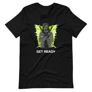 Gaming Shirt - Get Ready - Cyberpunk Style Ninja With Katanas - Neon Green - Black Heather - Dubsnatch