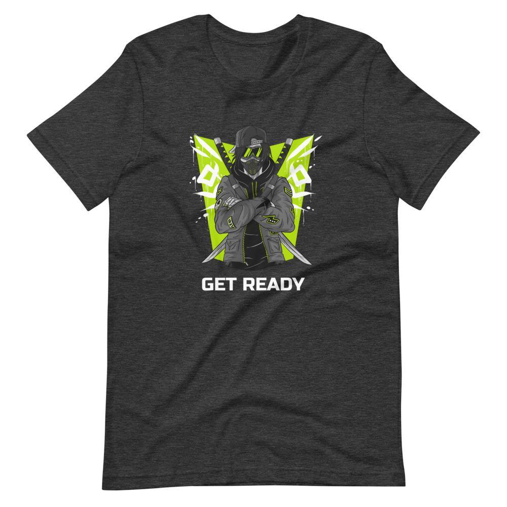 Gaming Shirt - Get Ready - Cyberpunk Style Ninja With Katanas - Neon Green - Dark Grey Heather - Dubsnatch
