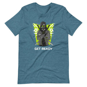 Gaming Shirt - Get Ready - Cyberpunk Style Ninja With Katanas - Neon Green - Heather Deep Teal - Dubsnatch